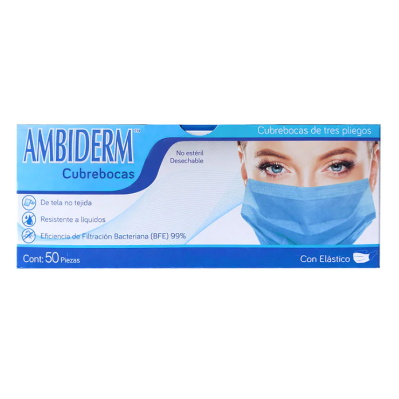 300100020 - Cubre Boca Tres Pliegos Azul Pk/50 Ambiderm