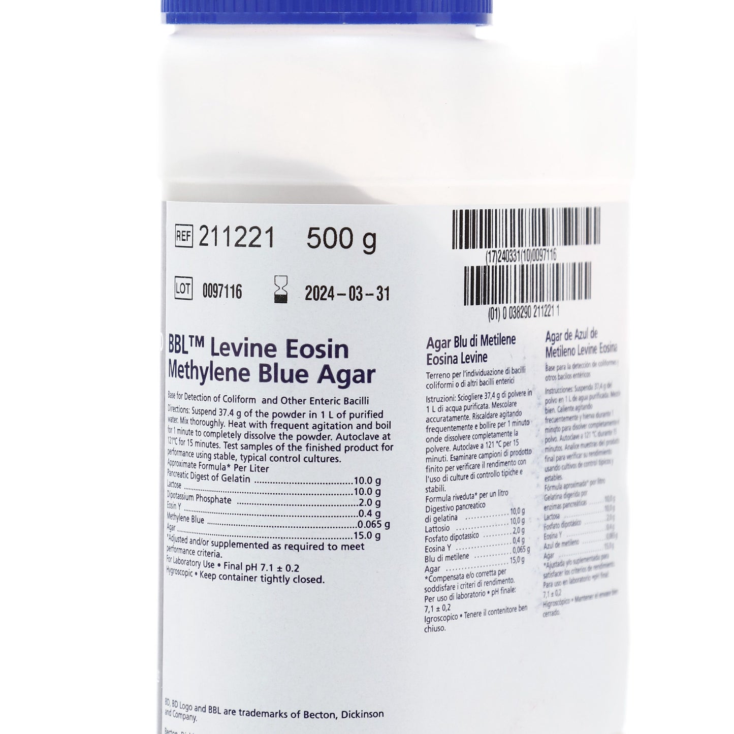 211221 - Agar Levine Con Eosina Y Azul De Metileno 500g BBL