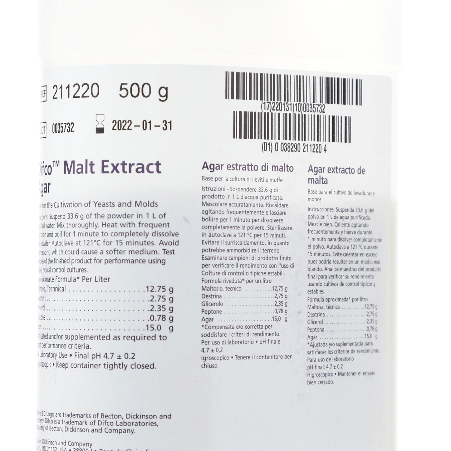 211220 - Agar Extracto De Malta 500g  DIFCO